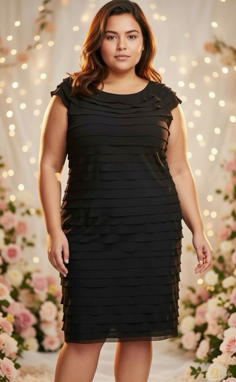 Adrianna Papell Woman Dress Women's 18W Black Tiered Chiffon Ruffle Cap Sleeve